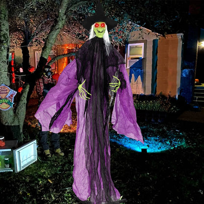 7.2 ft Halloween standing witch decor with lighted eyes and moving arms, perfect for spooky holiday decorations