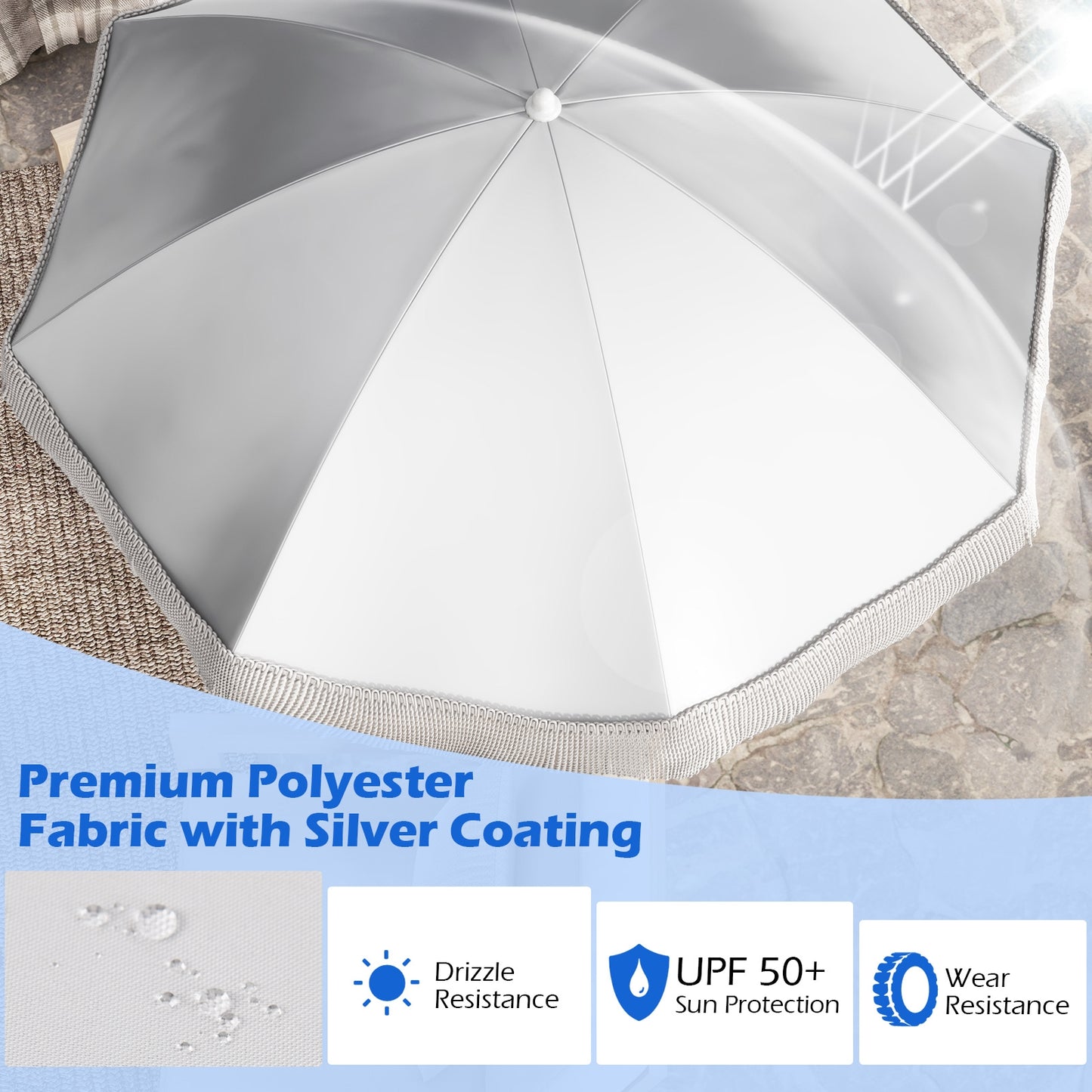 6.5 FT Beach Umbrella with Fringe Outdoor Tassel Umbrella with Push Button Tilt-White