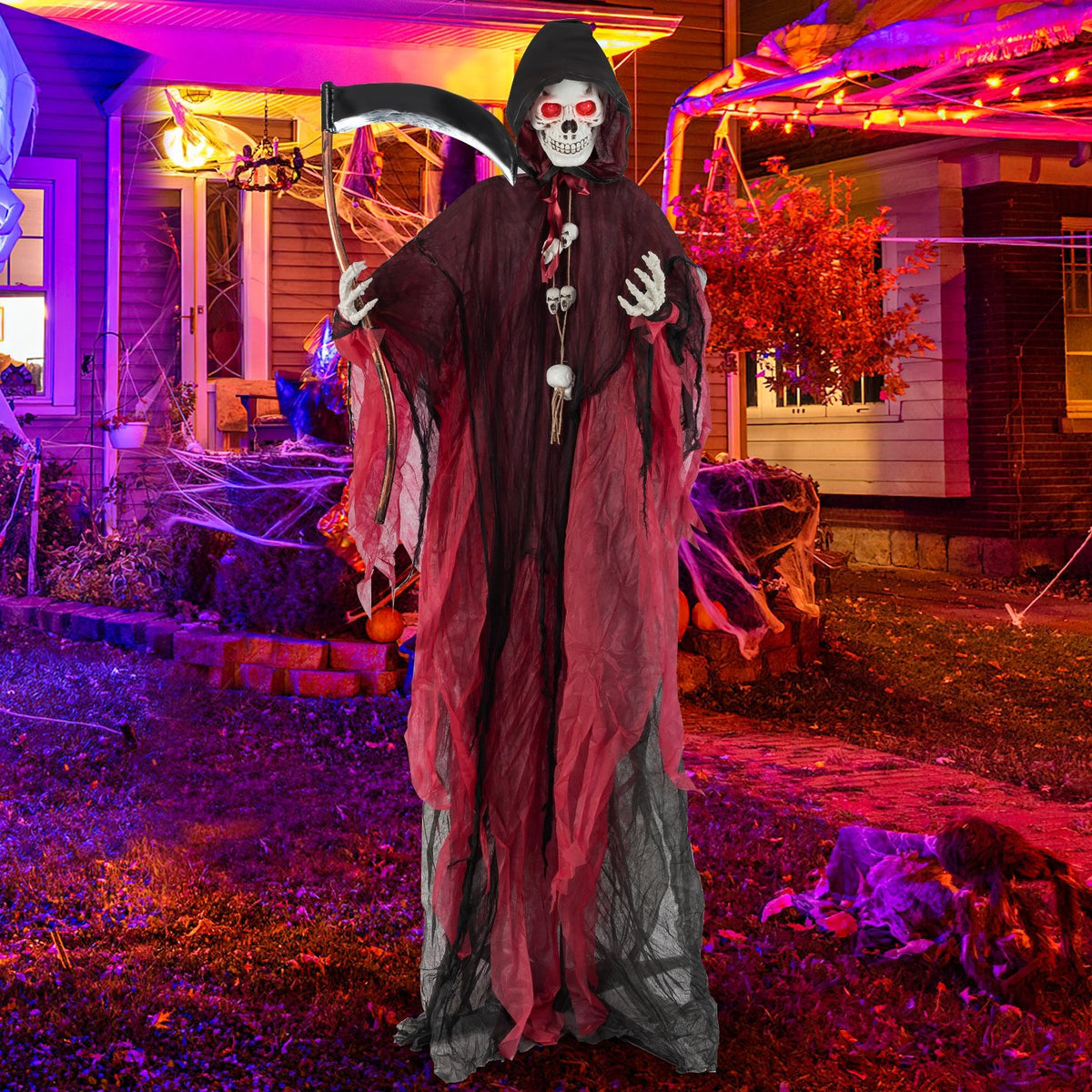 8-foot Halloween Grim Reaper decor with lighted eyes and terrifying sounds, perfect for spooky holiday decorations.