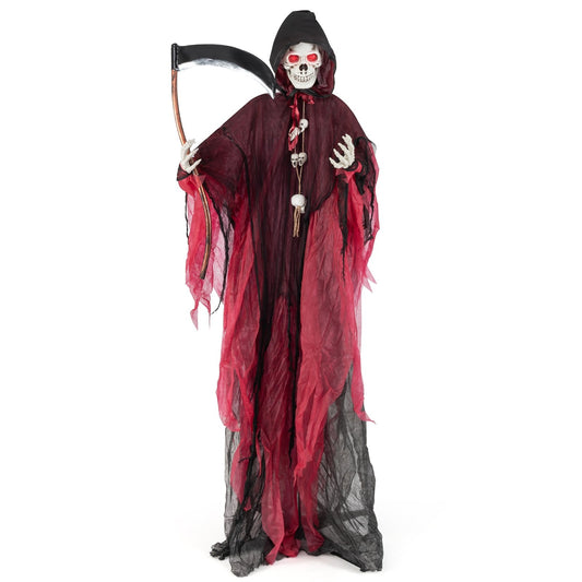 8-foot Halloween Grim Reaper decoration with glowing eyes and terrifying sounds, perfect for spooky holiday decor.