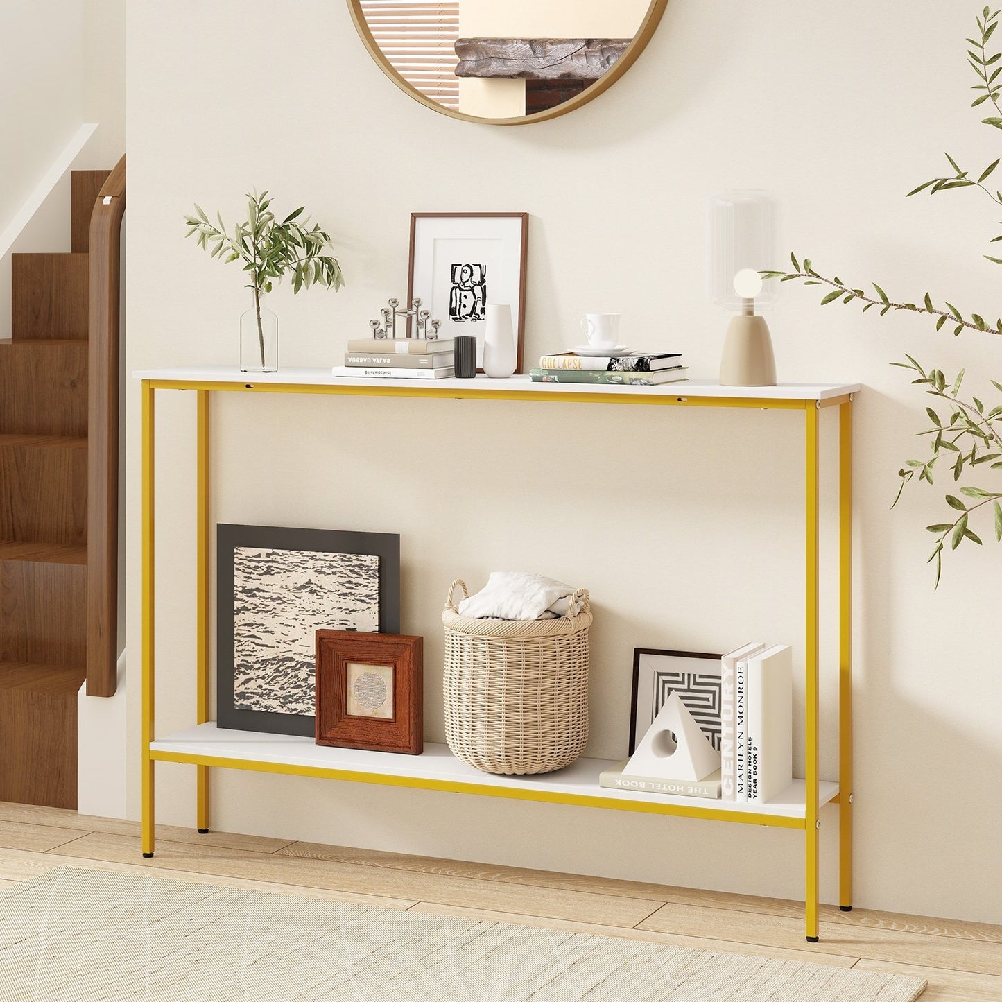 44 Inch Console Table with Shelf with Dual Anti-Tipping Kits-Rustic Brown