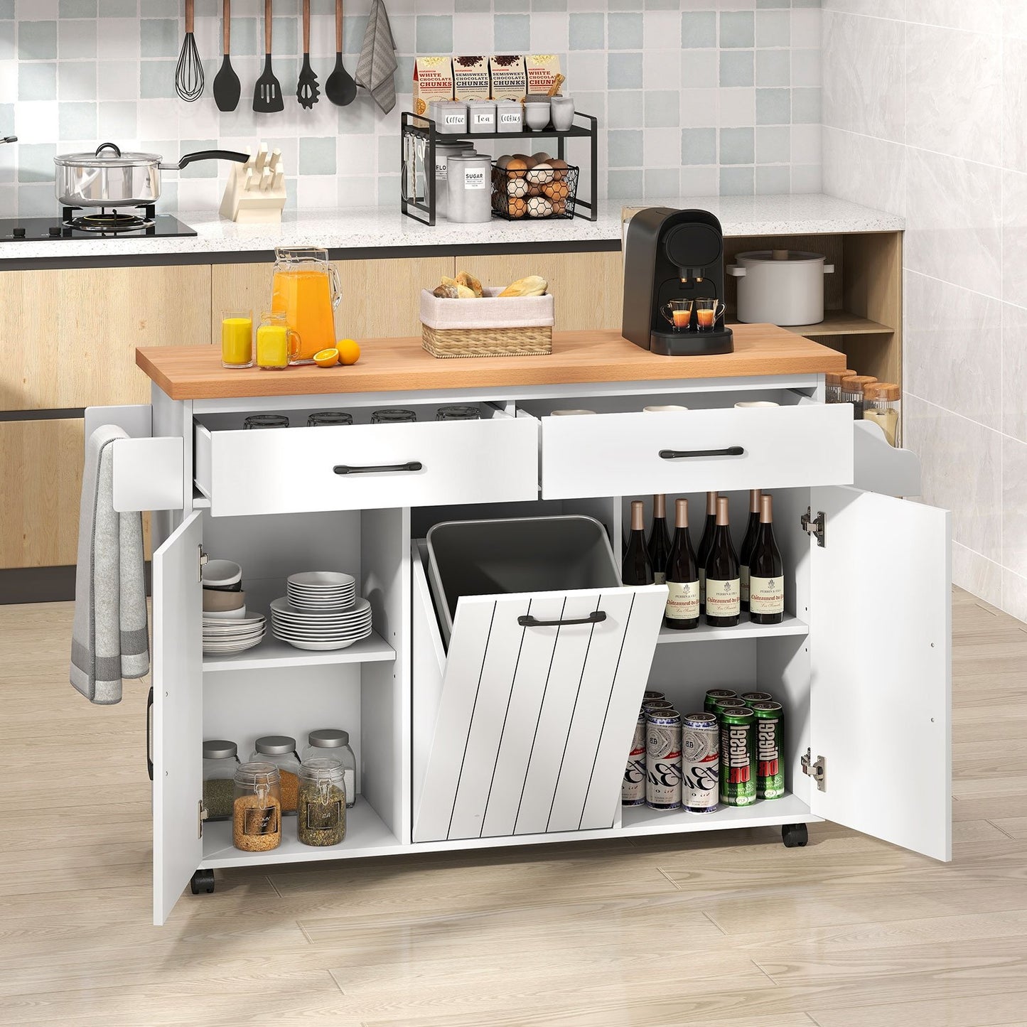 Mobile Kitchen Island Table with Trash Bag Storage for Dining Room-Black