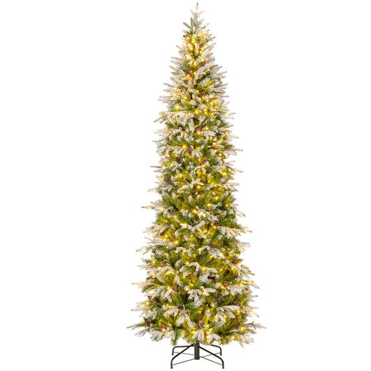 Pre-lit 9 ft snow-flocked artificial Christmas tree with hinged branches, holiday decor by Wilsons Home Store.