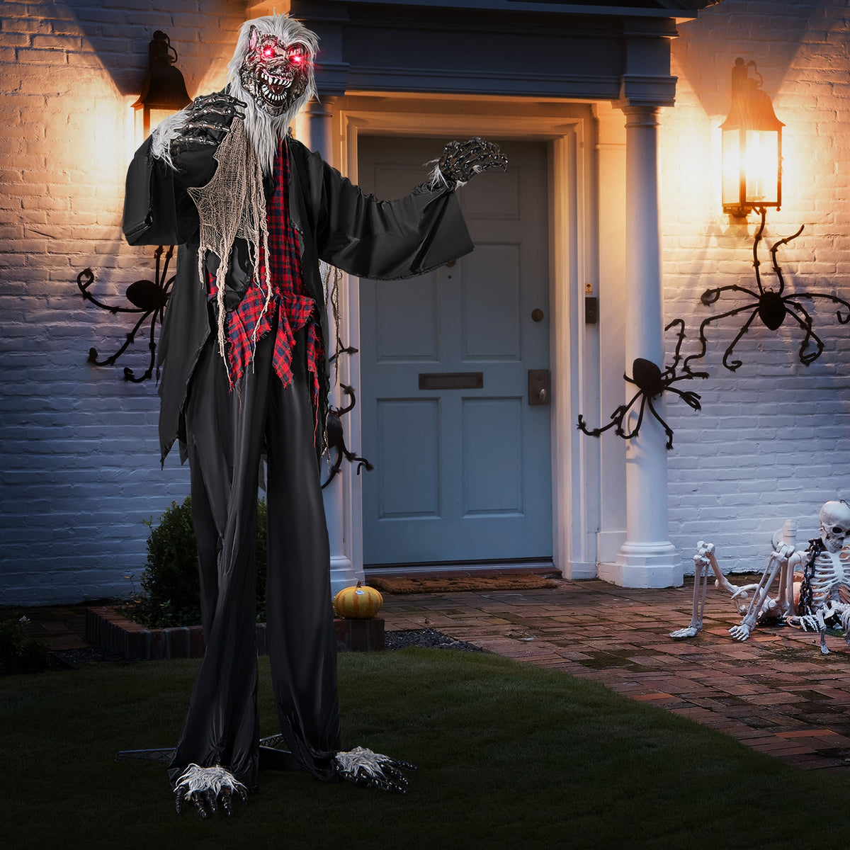 8.2 ft animatronic werewolf Halloween decor with red flashing eyes, howling sounds, and poseable arms, perfect for spooky holiday decoration.