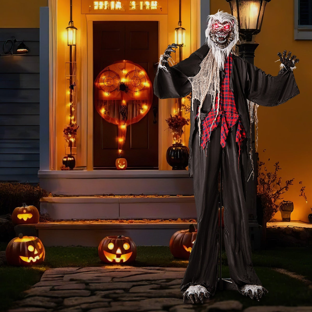 8.2 ft animatronic werewolf Halloween decoration with red flashing eyes, poseable arms, and howling sounds.