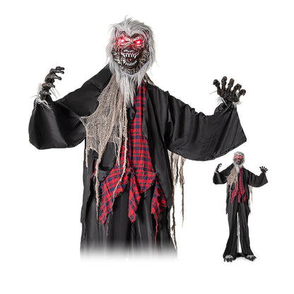 8.2 ft animatronic werewolf Halloween decoration with red flashing eyes, howling sounds, and poseable arms for spooky holiday decor