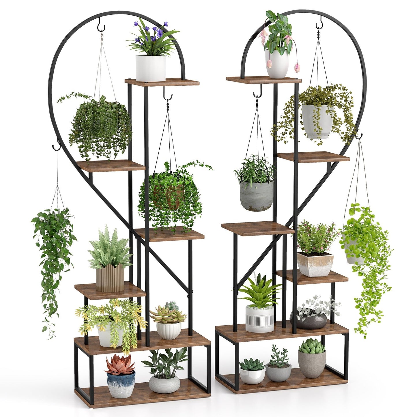 6-Tier Metal Plant Stand 2 Half-Heart-Shape Ladder Plant Shelves-Coffee