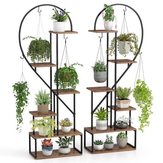 6-Tier Metal Plant Stand 2 Half-Heart-Shape Ladder Plant Shelves-Coffee