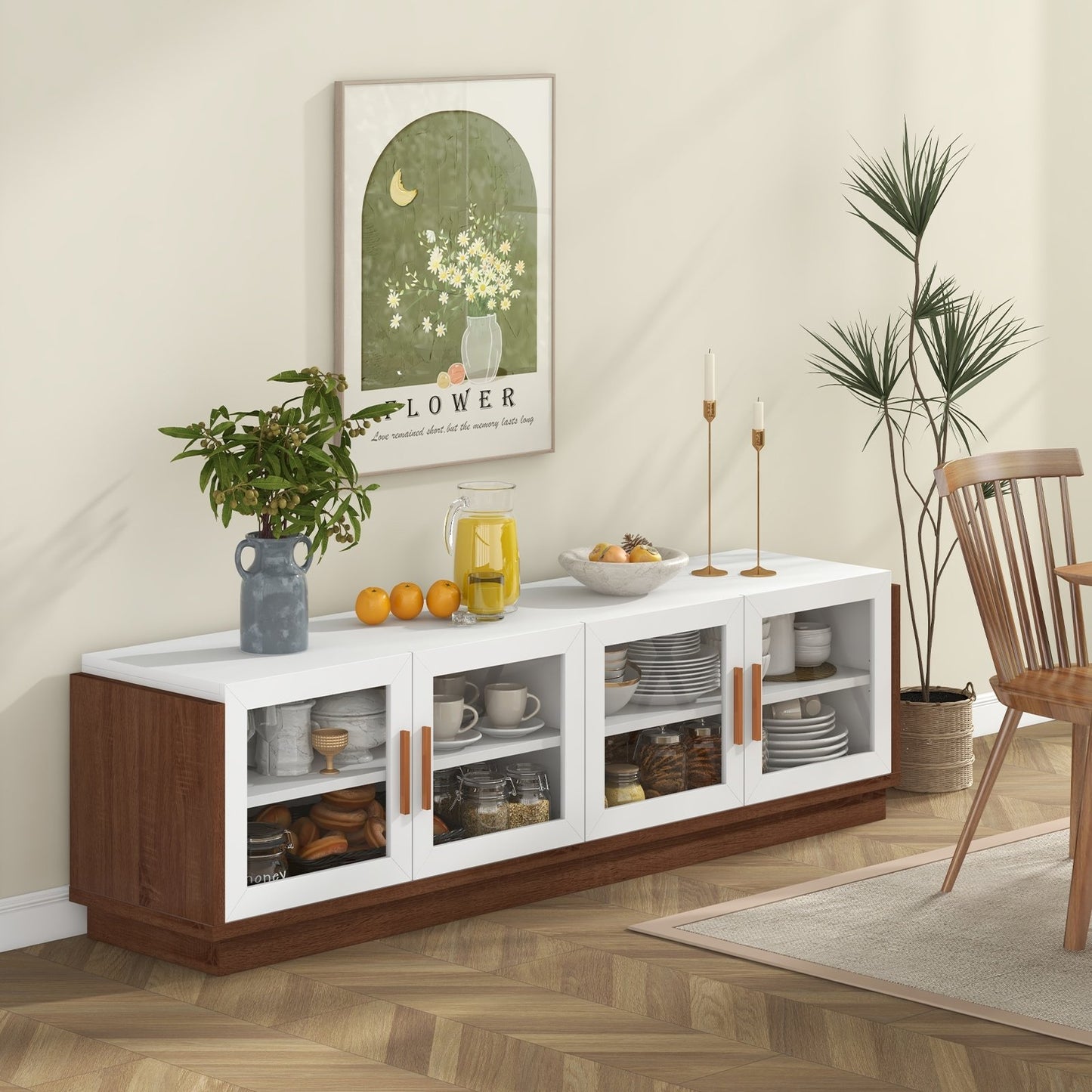 Large TV Stand for TVs up to 75 Inch with 4 Tempered Glass Doors for Living Room-Gray