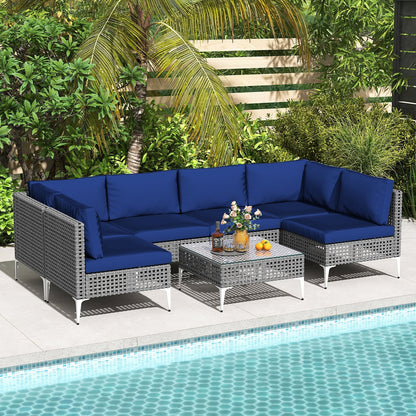 7 Piece Outdoor Furniture Set Wicker  Chairs with Tempered Glass Coffee Table-Navy