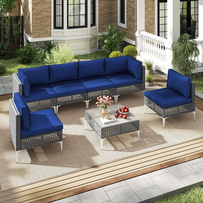 7 Piece Outdoor Furniture Set Wicker  Chairs with Tempered Glass Coffee Table-Navy
