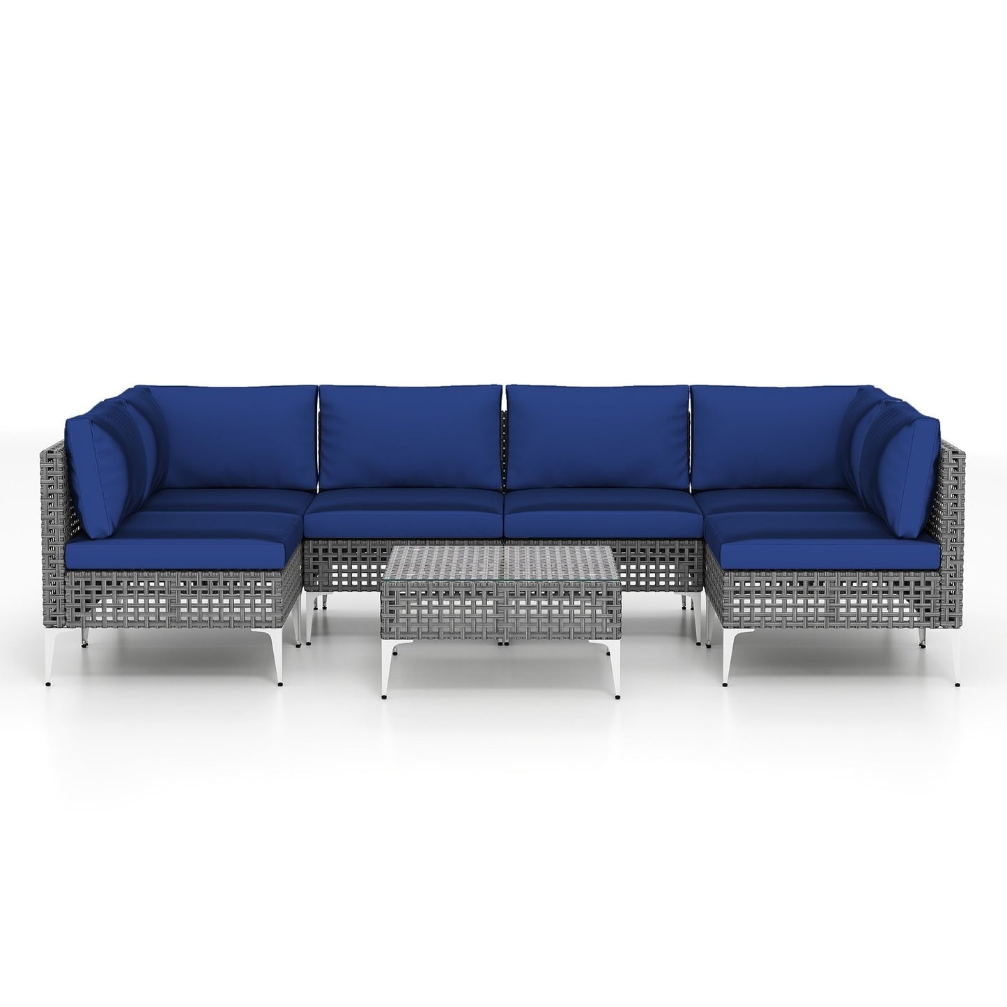 7 Piece Outdoor Furniture Set Wicker  Chairs with Tempered Glass Coffee Table-Navy