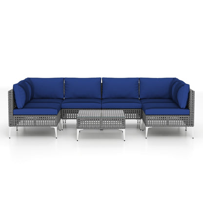 7 Piece Outdoor Furniture Set Wicker  Chairs with Tempered Glass Coffee Table-Navy