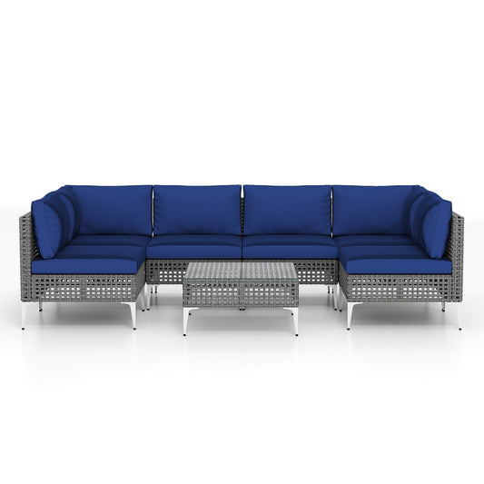 7 Piece Outdoor Furniture Set Wicker  Chairs with Tempered Glass Coffee Table-Navy