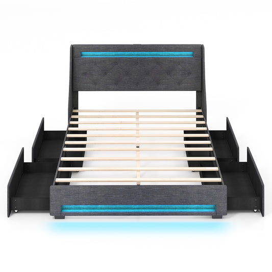 Queen Size Upholstered Platform Bed Frame with LED Lights and Charging Station-Grey