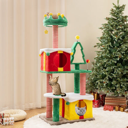 Cute Christmas Cat Tree Cat Tower for Indoor Cats with Scratching Posts and Carpet-Multicolor