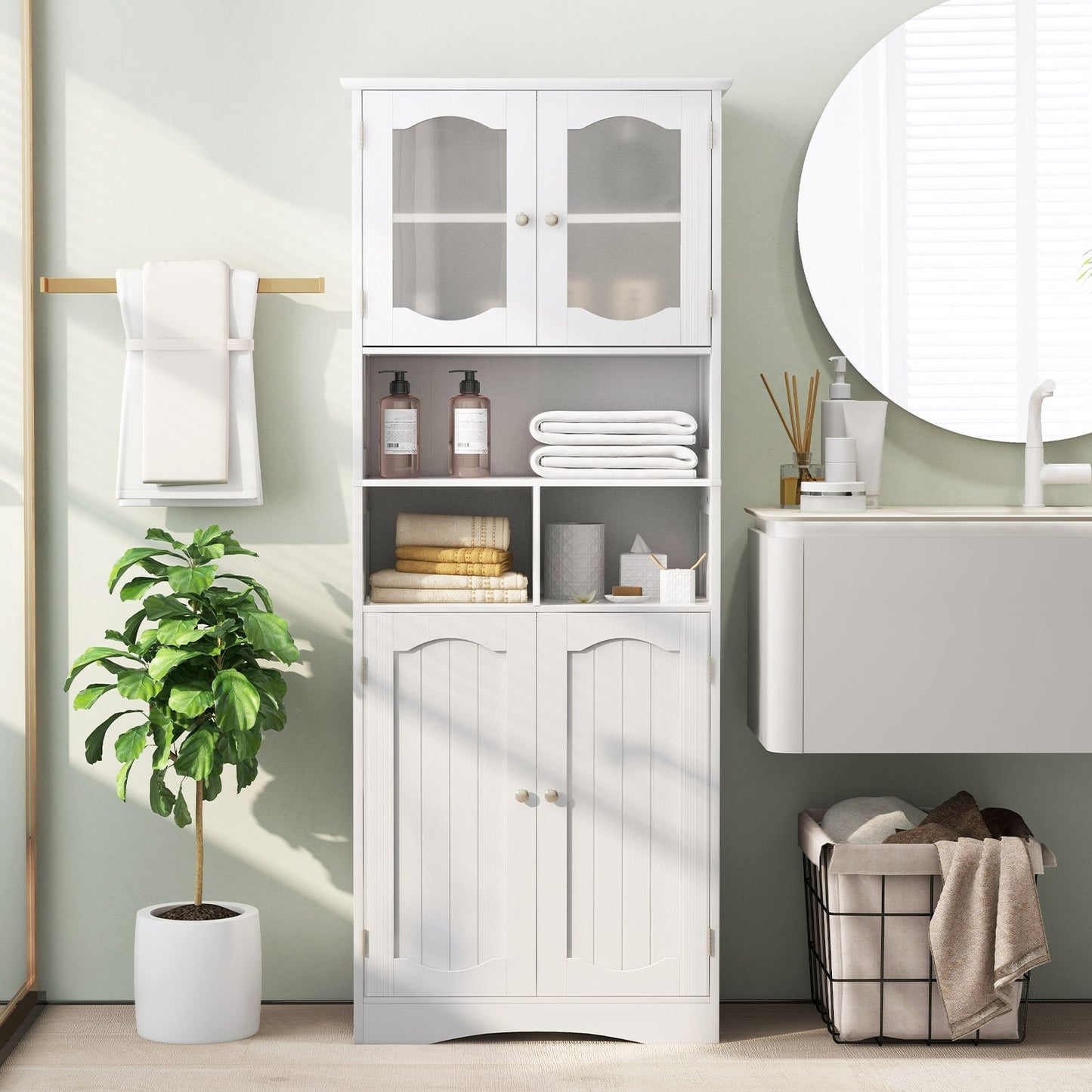58.5 Inch Freestanding Linen Bathroom Storage Cabinet with Frost Glass Doors-Black