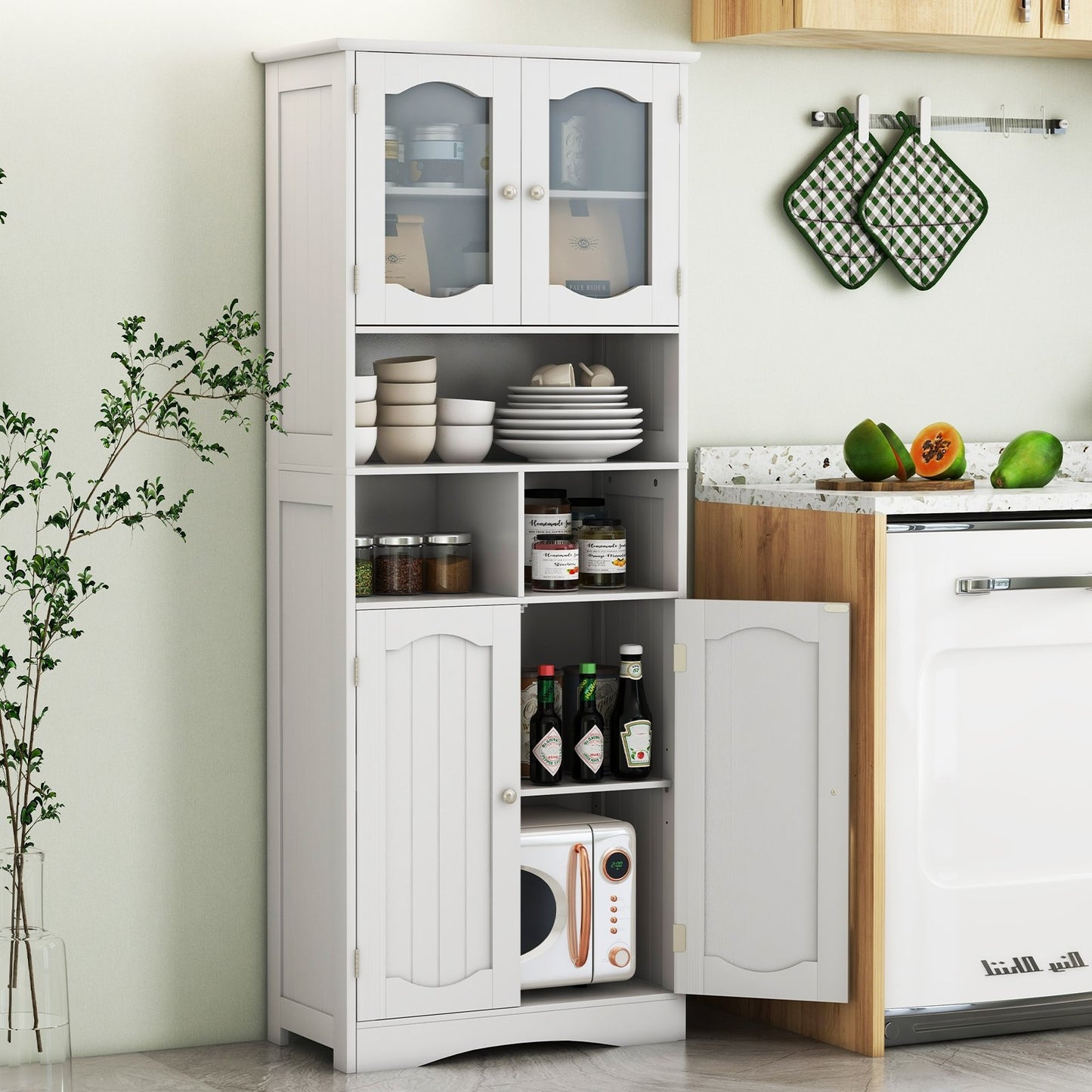 58.5 Inch Freestanding Linen Bathroom Storage Cabinet with Frost Glass Doors-Black