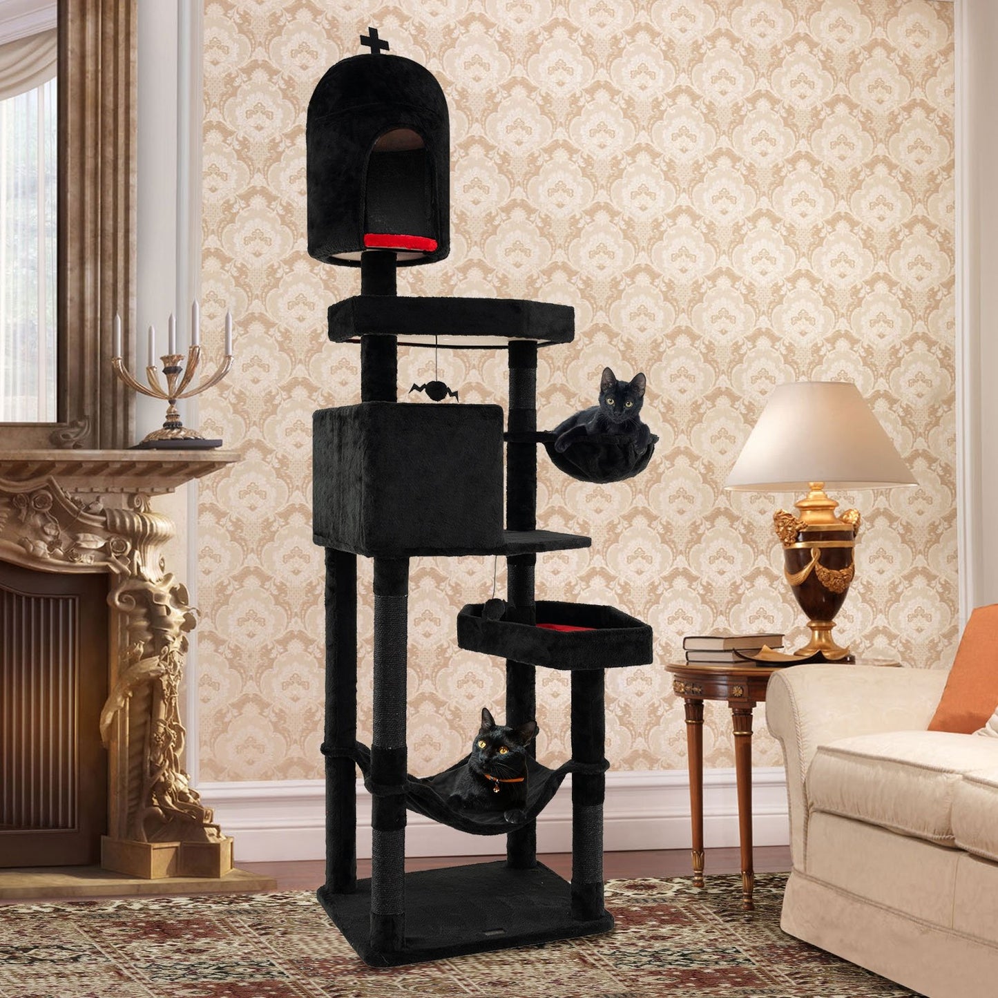Gothic Cat Tree with 2 Cat Condos and Coffin Bed for Indoor Cats-Black