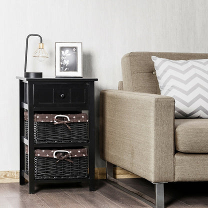 Set of 2 3-Layer 1 Drawer Wood Bedside End Table-Black