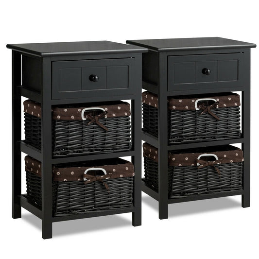 Set of 2 3-Layer 1 Drawer Wood Bedside End Table-Black