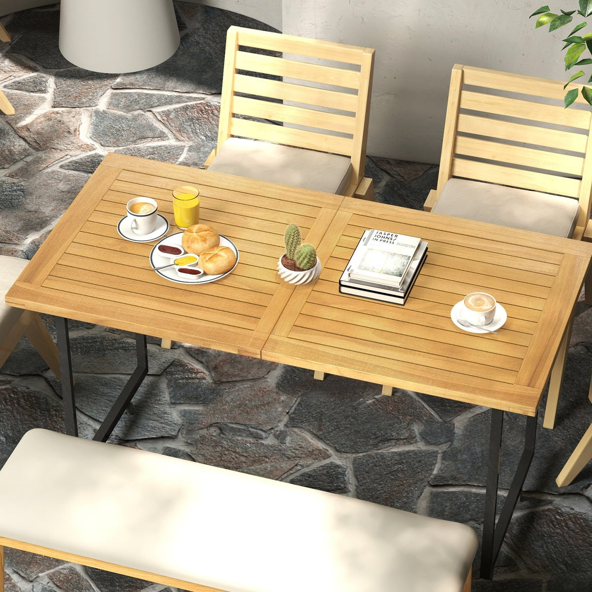 Panelboard Table Indoor Outdoor Teak Wood Slatted Tabletop Panel Board Split in 2 Square ...