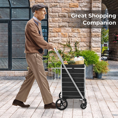 Folding Shopping Cart with Waterproof Liner Wheels and Basket-Black