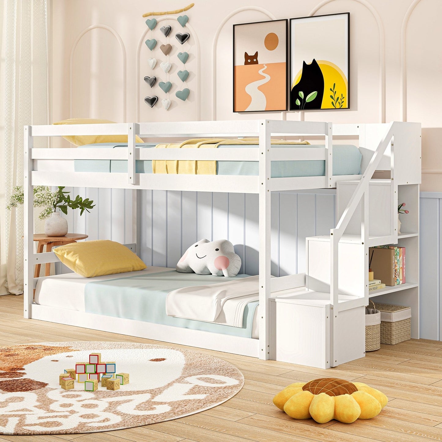 Twin Over Twin Low Bunk Bed with Storage Stairs Solid Wood Floor Bunk Bed Frame-Gray