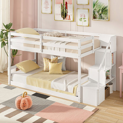 Twin Over Twin Low Bunk Bed with Storage Stairs Solid Wood Floor Bunk Bed Frame-Gray