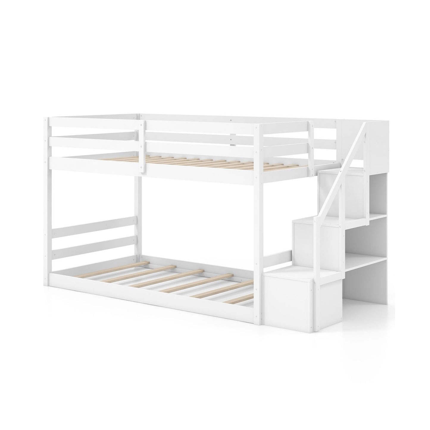 Twin Over Twin Low Bunk Bed with Storage Stairs Solid Wood Floor Bunk Bed Frame-Gray