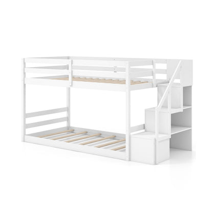 Twin Over Twin Low Bunk Bed with Storage Stairs Solid Wood Floor Bunk Bed Frame-Gray