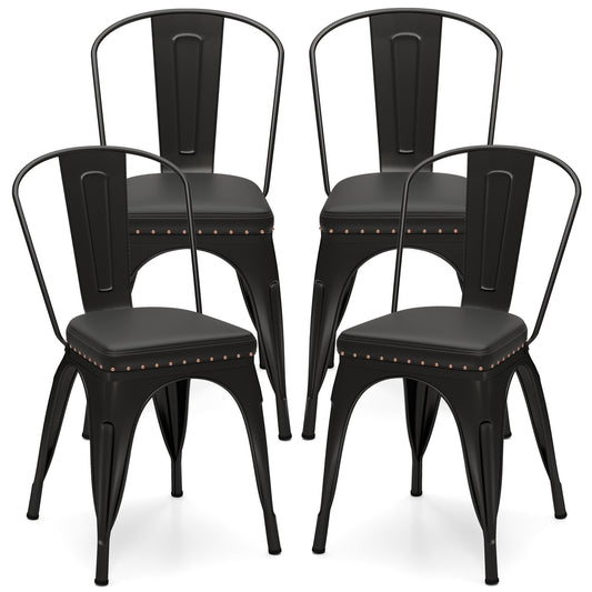 Metal Dining Chair Set of 4 Stackable Kitchen Chairs with Removable Backs and PU Leather Cushioned Seat-Black