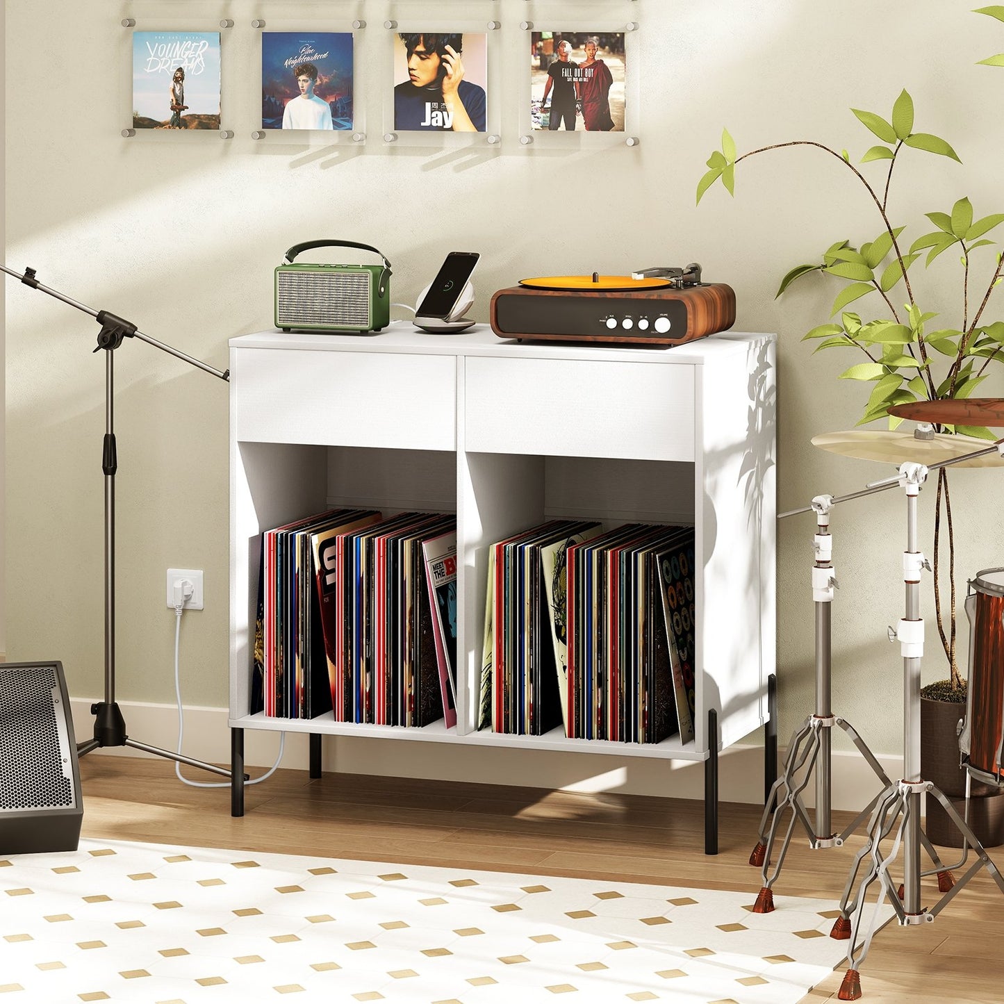 Record Player Stand with Power Outlets Double Wide Turntable Stand Vinyl Record Storage Table-Black