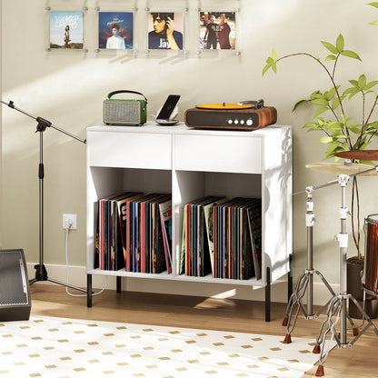 Record Player Stand with Power Outlets Double Wide Turntable Stand Vinyl Record Storage Table-Black