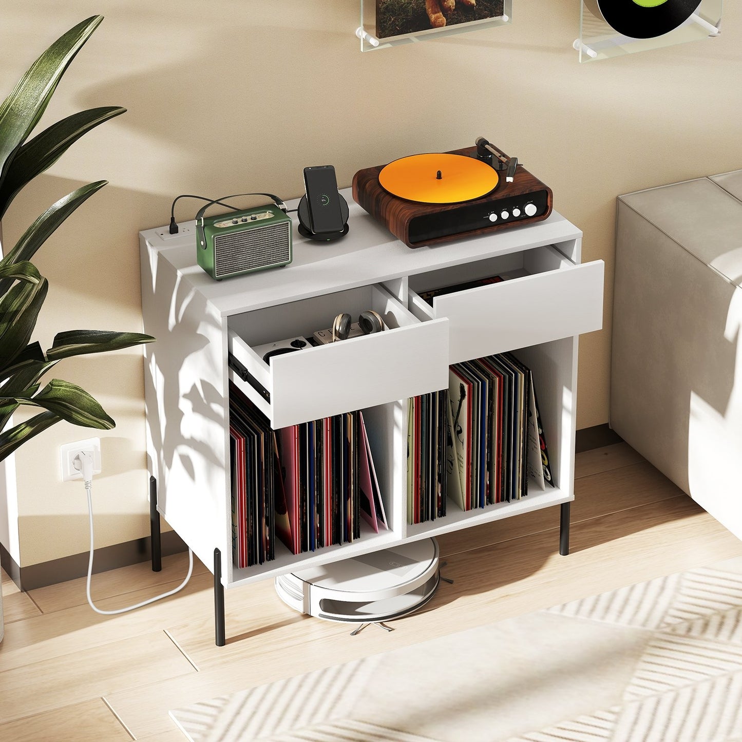 Record Player Stand with Power Outlets Double Wide Turntable Stand Vinyl Record Storage Table-Black