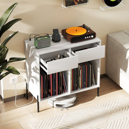 Record Player Stand with Power Outlets Double Wide Turntable Stand Vinyl Record Storage Table-Black
