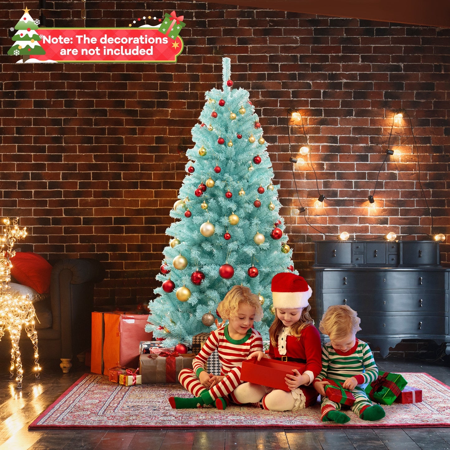 6/7 ft blue artificial Christmas tree with 280 or 380 warm white LED lights and foldable metal stand for holiday decor.