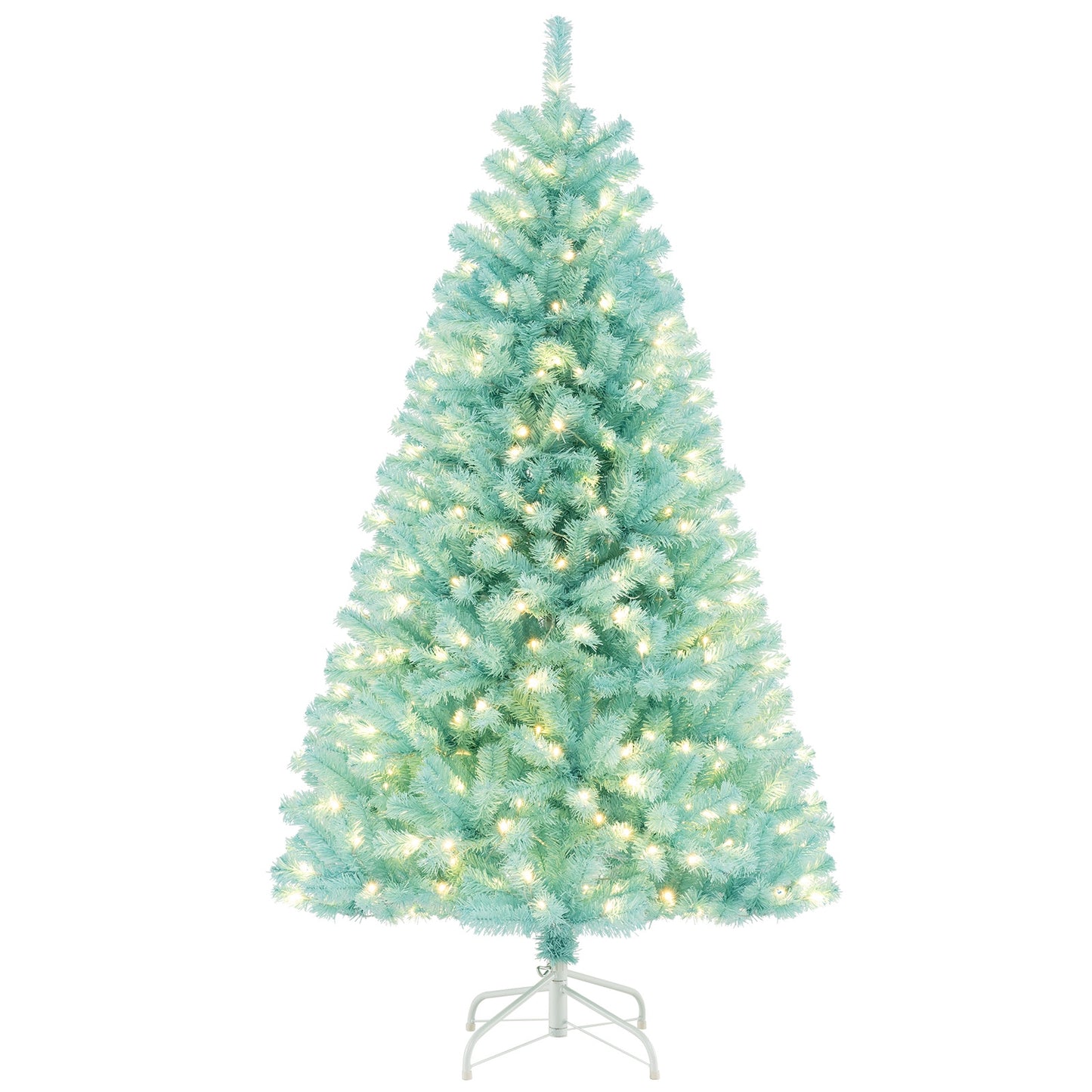 6/7 ft blue artificial Christmas tree with warm white LED lights and foldable metal stand, holiday decor by Wilsons Home Store