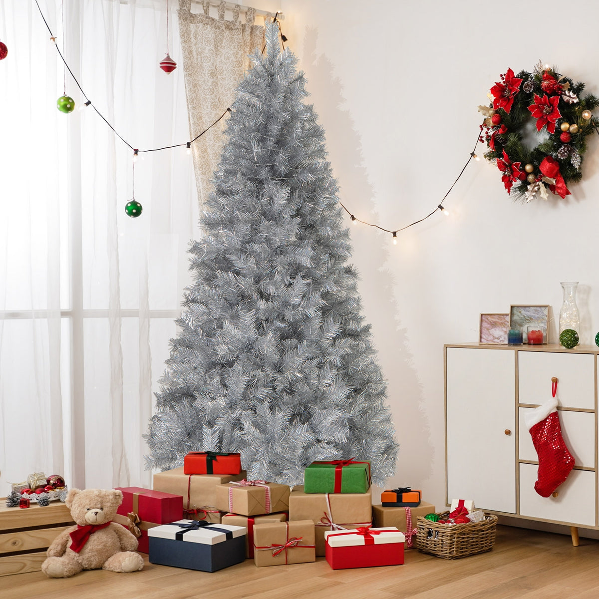 7ft artificial Christmas tree with branch tips and warm white LED lights, holiday decor by Wilsons Home Store