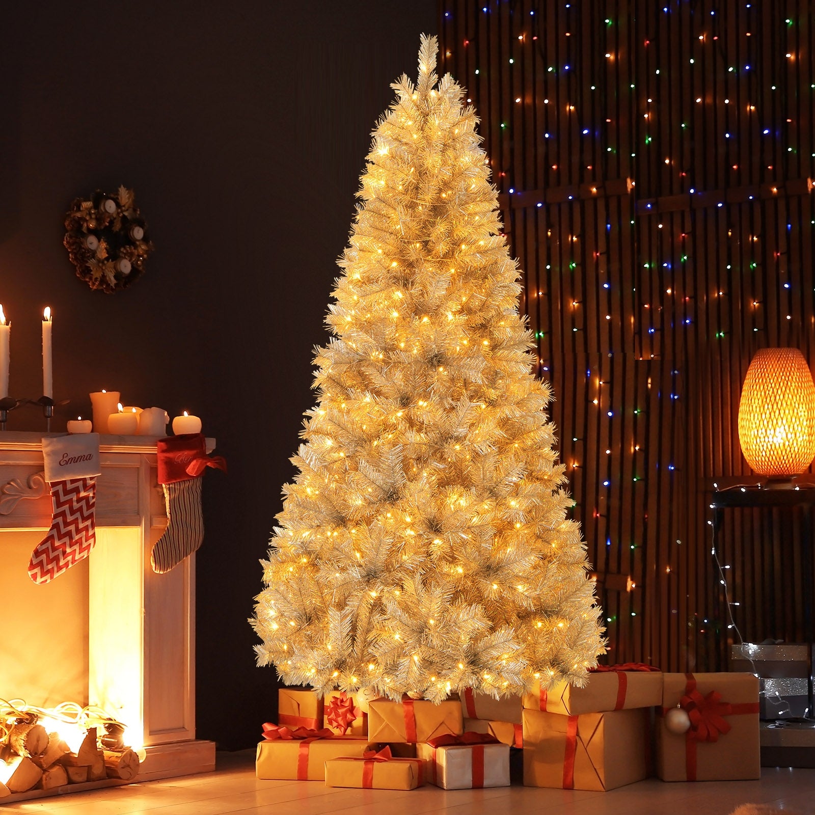 7-foot artificial Christmas tree with branch tips and warm white LED lights, ideal holiday decor from Wilsons Home Store