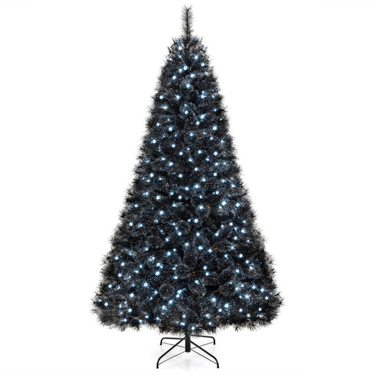 Black artificial Christmas tree with PVC branches, 6 to 8 feet tall, decorated with cool white LED lights for holiday decor.
