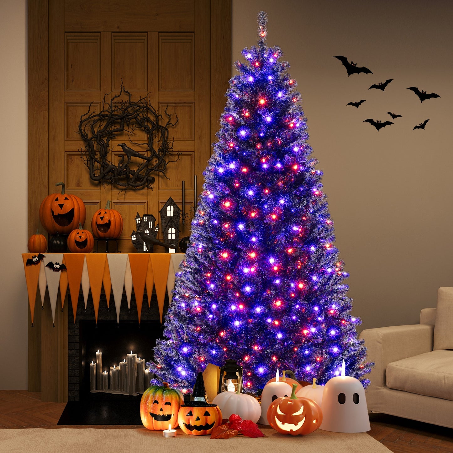 6/7/8 Feet Artificial Christmas Tree with 6 Lighting Modes and Spooky Sounds-L