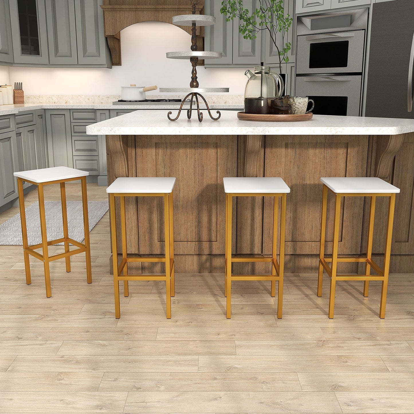 Set of 4 Bar Stool Set 26 Inch Bar Chair with Metal Legs and Footrest-Gray