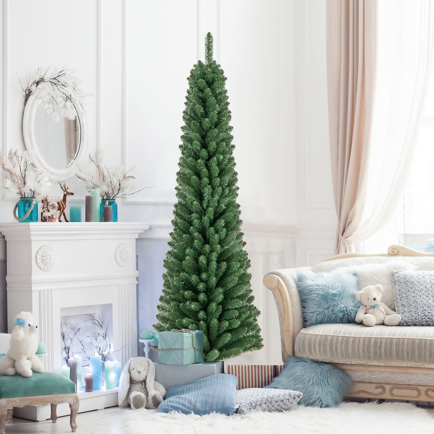 5/6/7/8 Feet Pencil Christmas Tree with 295/392/523/671 Memory Wire Branch Tips and Upgraded Metal Stand-8 ft