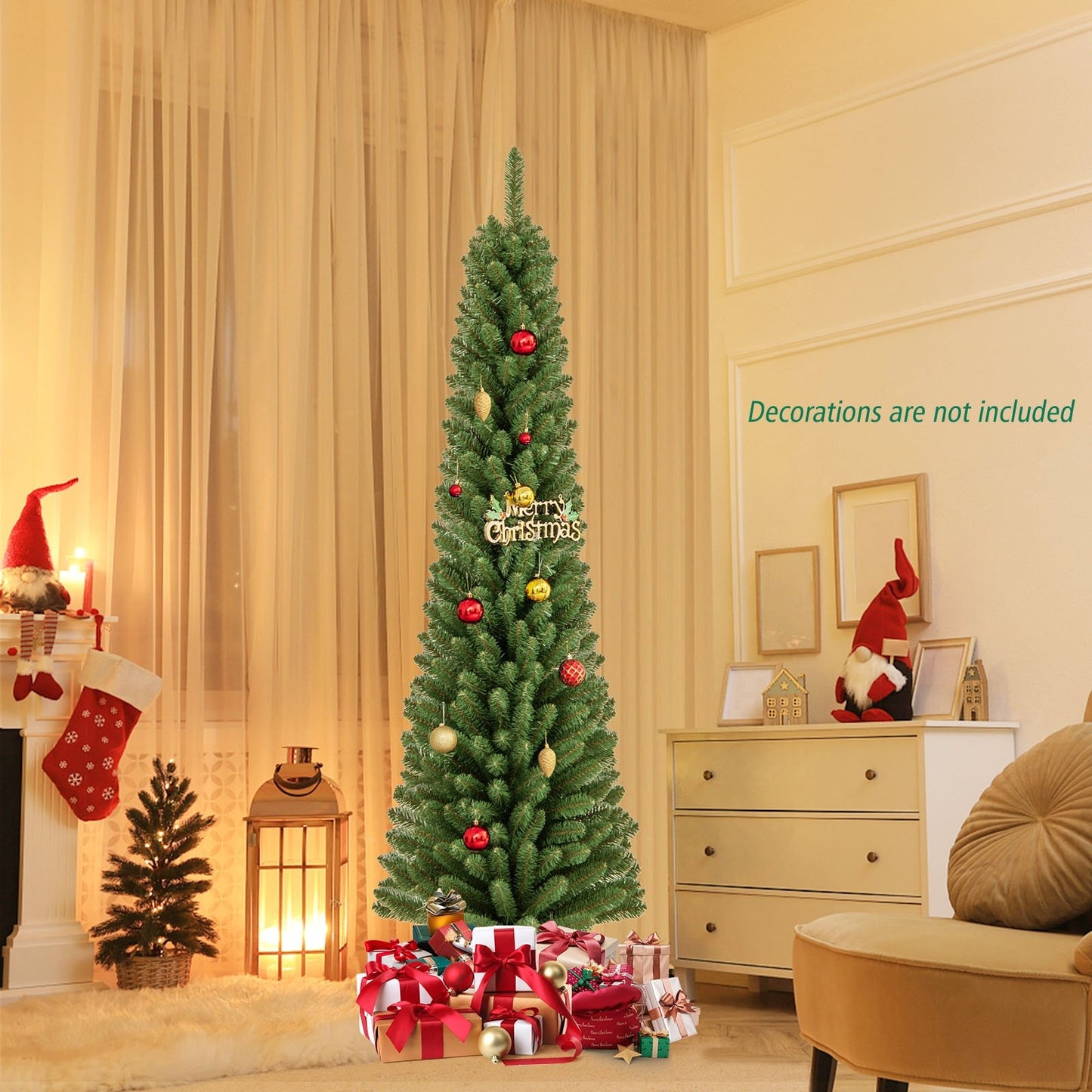 5/6/7/8 Feet Pencil Christmas Tree with 295/392/523/671 Memory Wire Branch Tips and Upgraded Metal Stand-8 ft