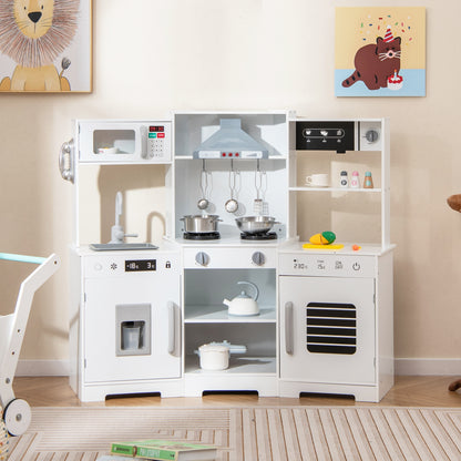 Pretend Play Kitchen Wooden Toy Set with Range Hood Real Sounds and Lights-Brown
