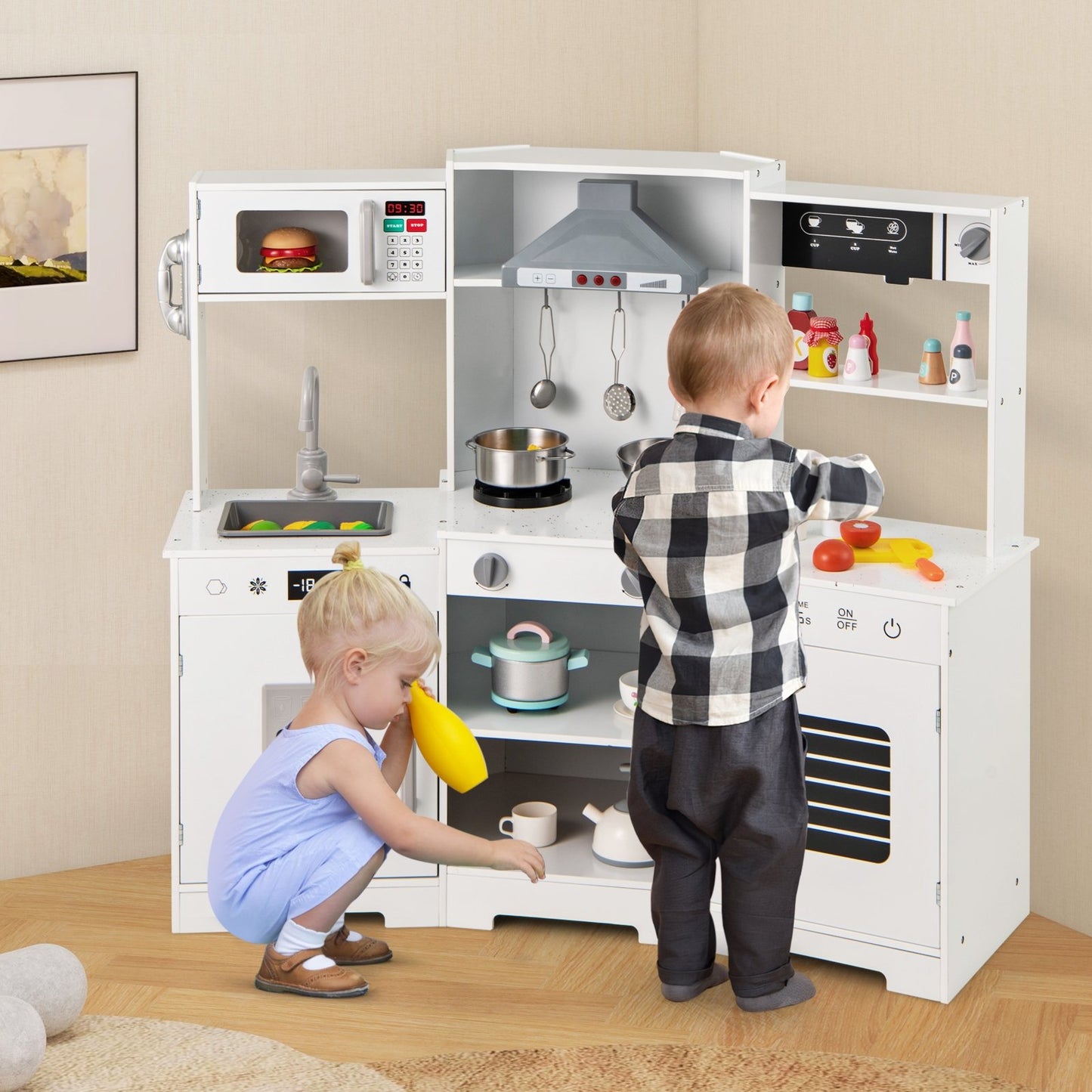 Pretend Play Kitchen Wooden Toy Set with Range Hood Real Sounds and Lights-Brown