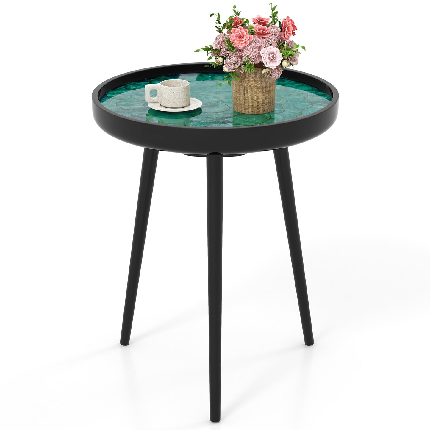 16 Inch Mid-century Modern Coffee End Table with Sea Shell Decoration-Green
