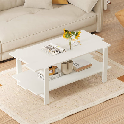 2-Tier Coffee Table Slatted Wood Center Table with Storage Shelf-Black