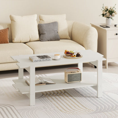 2-Tier Coffee Table Slatted Wood Center Table with Storage Shelf-Black